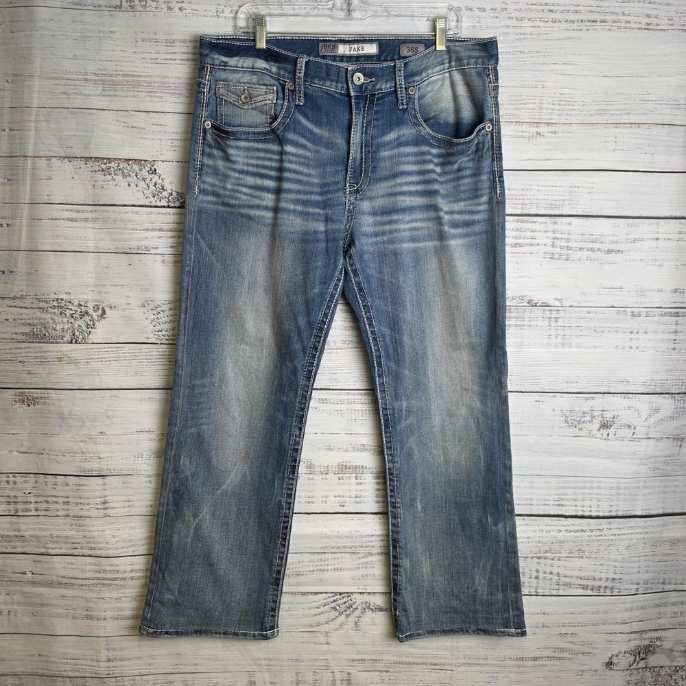 BKE Jake Bootleg Jeans 36x29 Mens Blue Medium Wash Denim Straight Leg Whiskering
